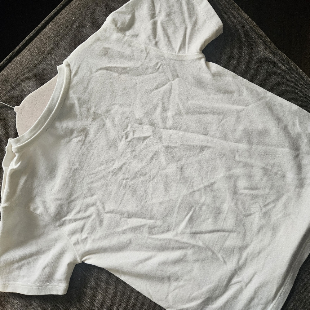 Versace Kids Tee in White with Bold Logo Small Yellowish Stain In Front. - Picture 11 of 13